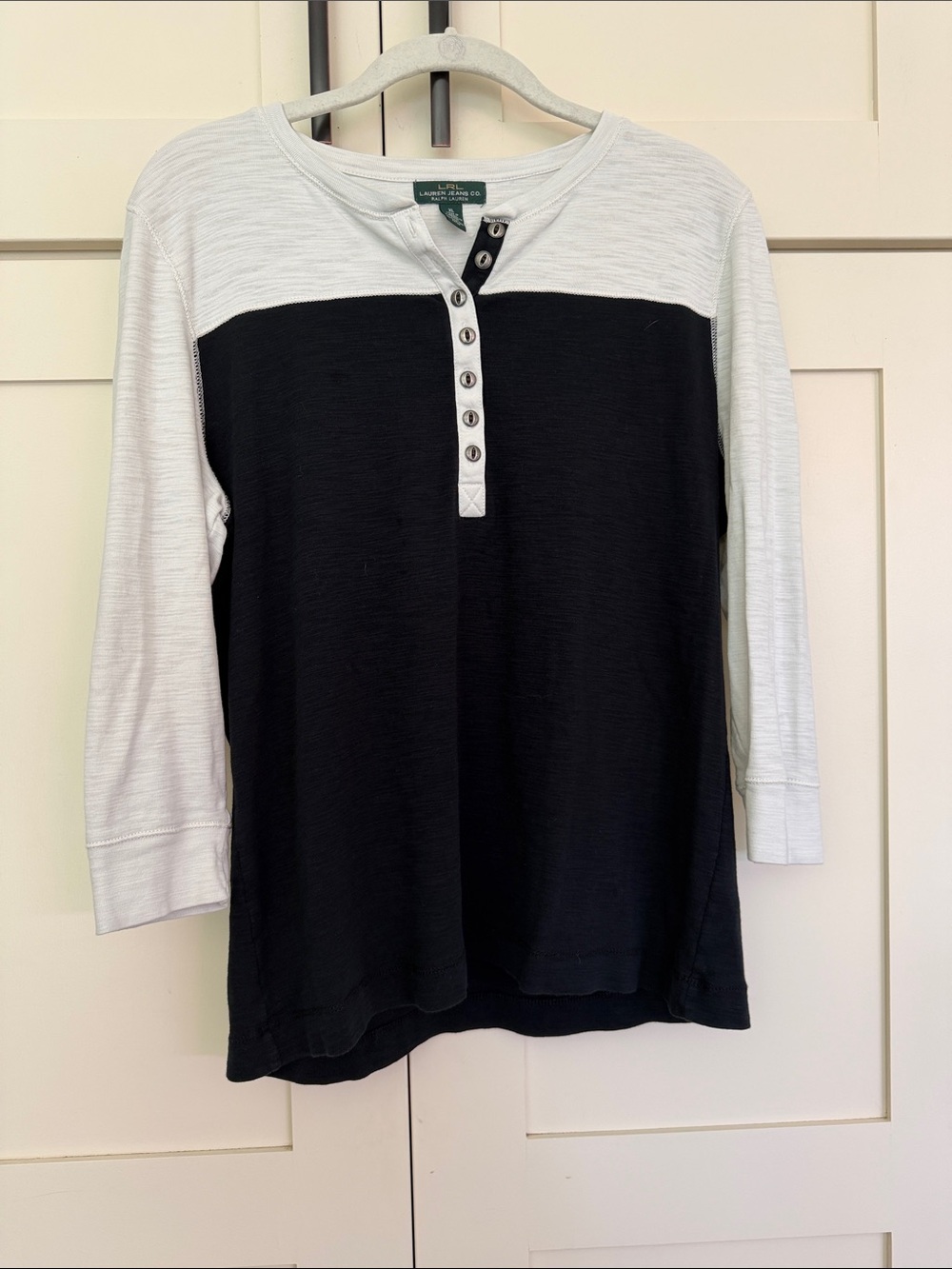 Vintage Lauren Jeans Co. By Ralph Lauren Navy and White Button-Front Henley Top